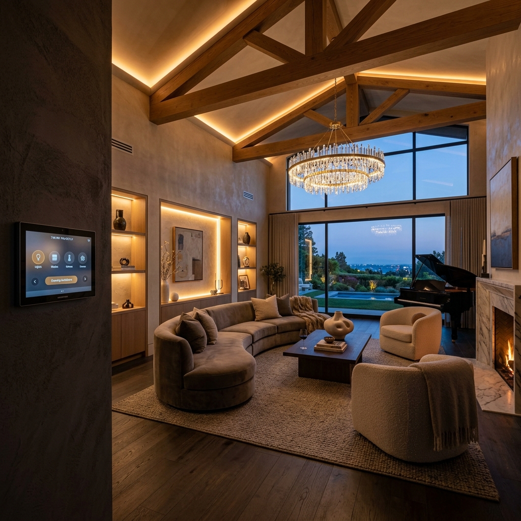 Luxurious living room highlighting custom architectural cove and ambient spot lighting designed by Lumea Lighting