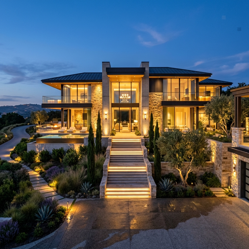 Architectural twilight lighting layout by Lumea Lighting showcasing warm exterior lights