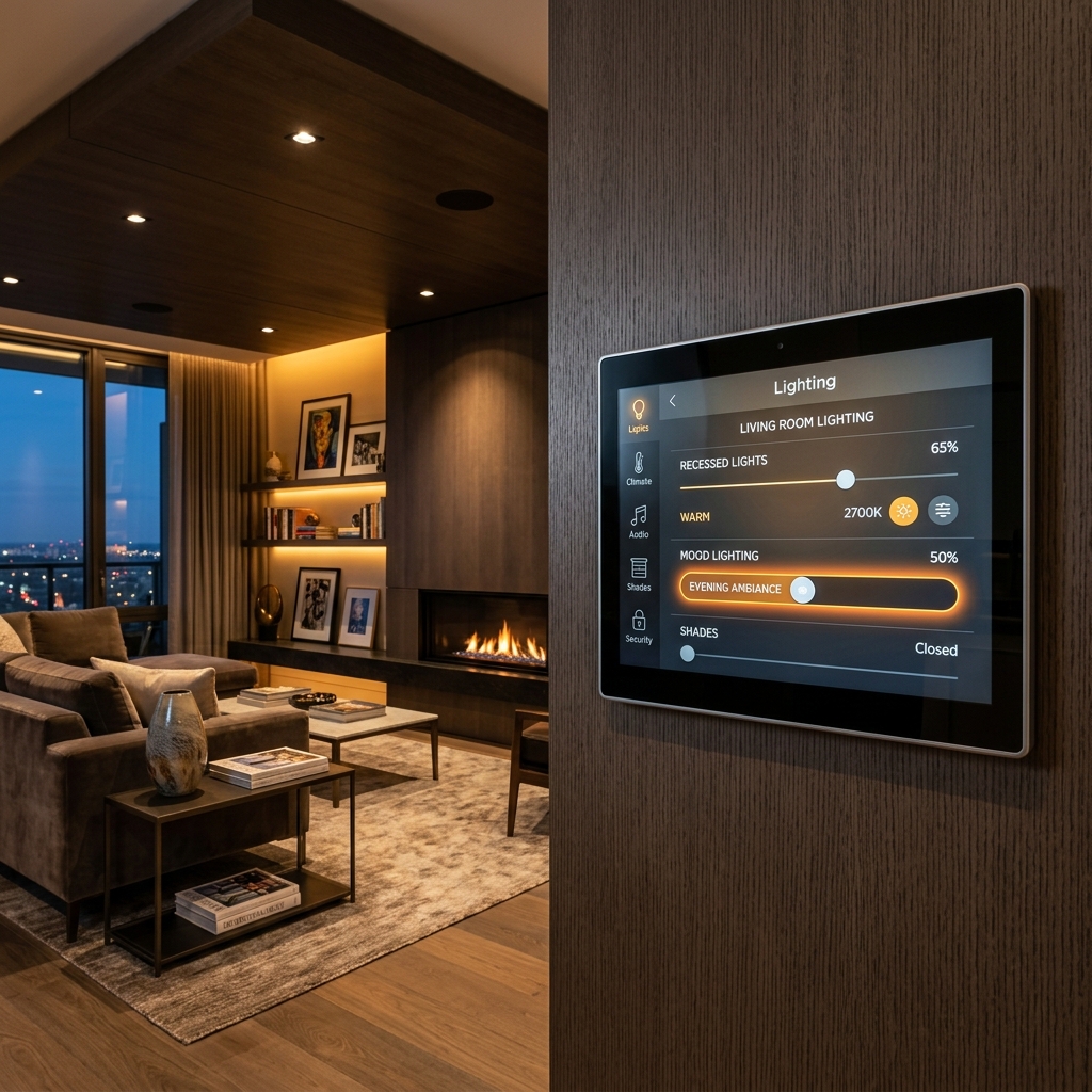 Smart home automation control panel glowing softly on a living room wall